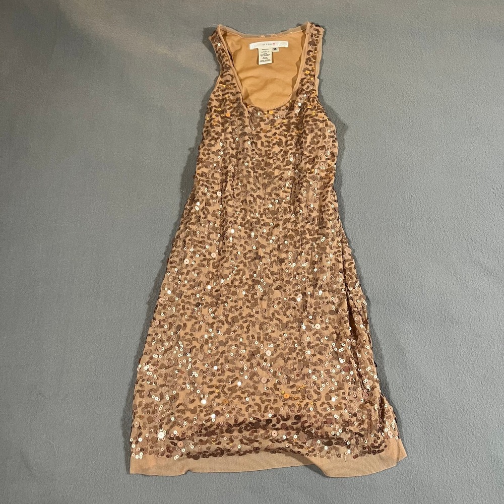 Y2K VTG Gold Sequin Mini Dress Size XS Tan Beige‎ Sparkly Ibiza Club Going Out